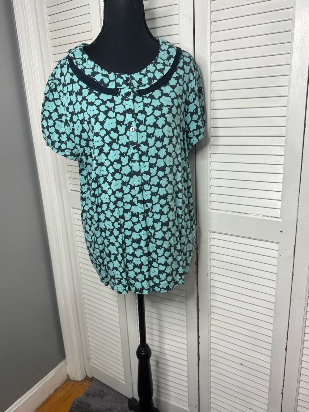 Boden Women Blue Black Button Up Peter Pan collar Retro Preppy  Shirt Sz 16